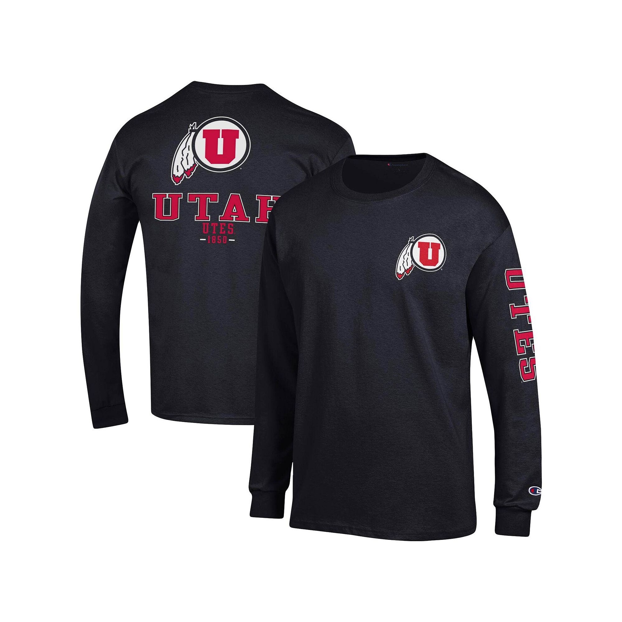 Mens Champion Black Utah Utes Team Stack Long Sleeve T-Shirt, Size: Medium