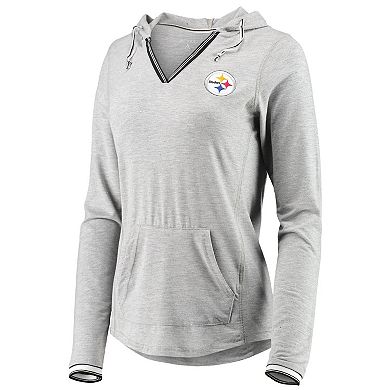Women's Antigua Heathered Gray Pittsburgh Steelers Warm-Up Tri-Blend Hoodie Long Sleeve V-Neck T-Shirt