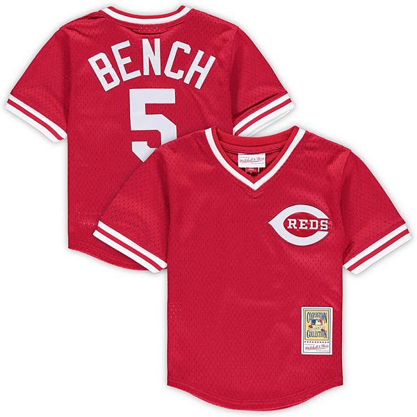 Preschool & Toddler Mitchell & Ness Johnny Bench Red Cincinnati Reds  Cooperstown Collection Mesh V-Neck Jersey