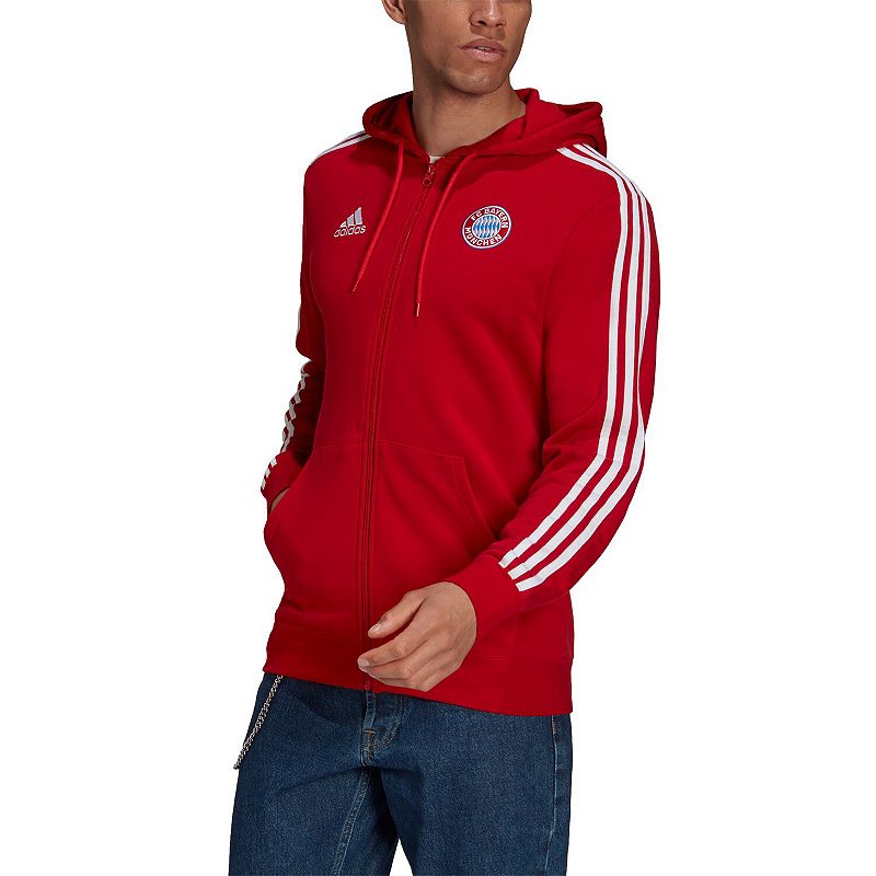 Mens adidas Red Bayern Munich Logo 3-Stripe Full-Zip Hoodie, Size: Small, 