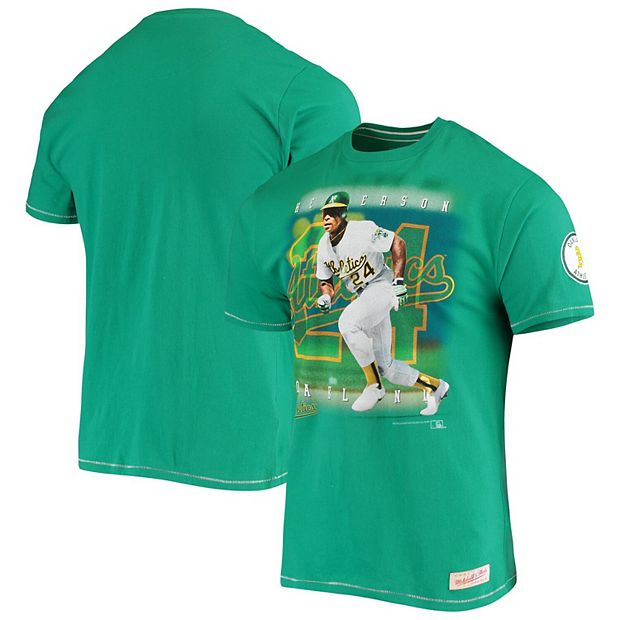 Men's Mitchell & Ness Rickey Henderson Green Oakland Athletics Photo T-Shirt