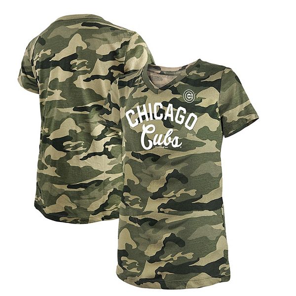 Girls Youth New Era Green Chicago Cubs 2021 Armed Forces Day Brushed Camo  V-Neck T-Shirt