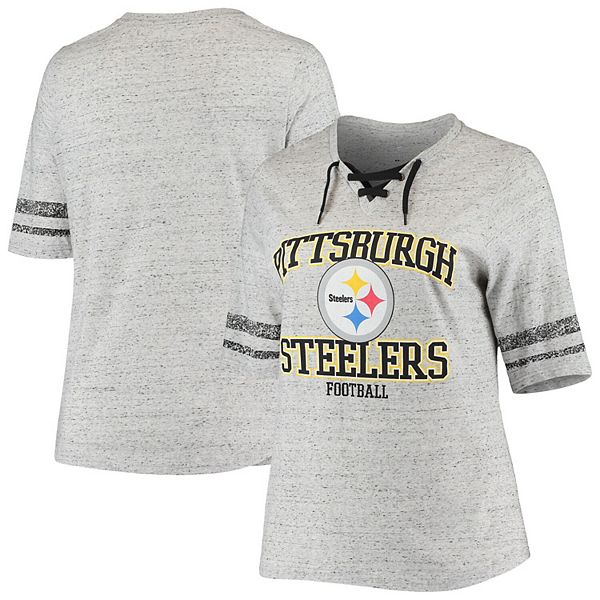 Women's Fanatics Branded Heathered Gray Pittsburgh Steelers Plus Size  Lace-Up Stripe V-Neck T-Shirt