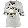 Women's Fanatics Branded Heathered Gray Pittsburgh Steelers Plus Size Lace-Up Stripe V-Neck T-Shirt