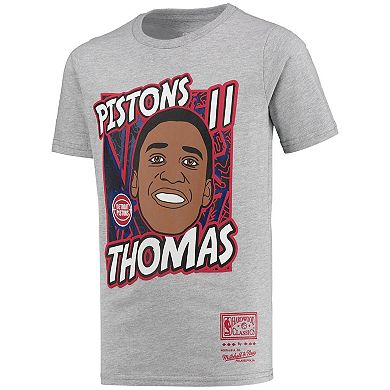 Youth Mitchell & Ness Isiah Thomas Gray Detroit Pistons Hardwood Classics King of the Court Player T-Shirt