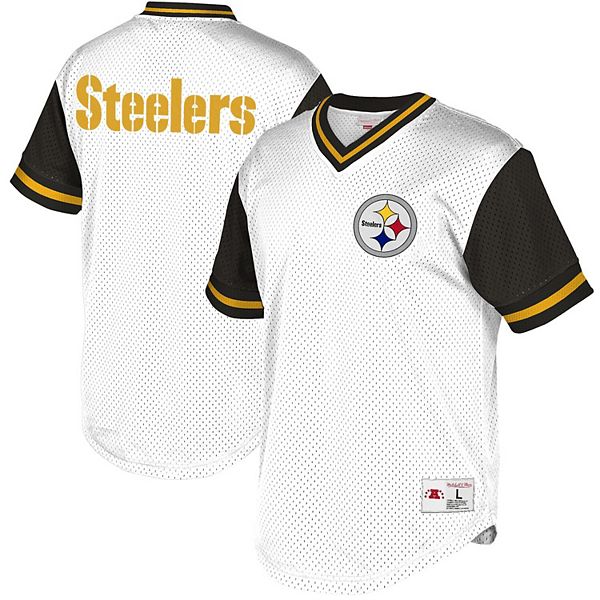 Men's Mitchell & Ness White/Black Pittsburgh Steelers Mesh V-Neck T-Shirt