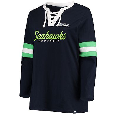 Women's College Navy Seattle Seahawks Plus Size Script Lace-Up Long Sleeve T-Shirt
