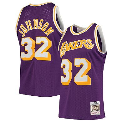 Men's Mitchell & Ness Magic Johnson Purple Los Angeles Lakers 1984-85 Hardwood Classics Swingman Player Jersey