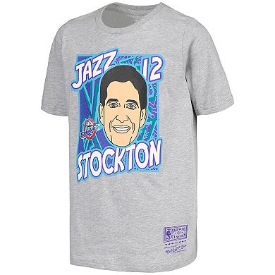 Youth Mitchell & Ness John Stockton Gray Utah Jazz Hardwood Classics King of the Court Player T-Shirt