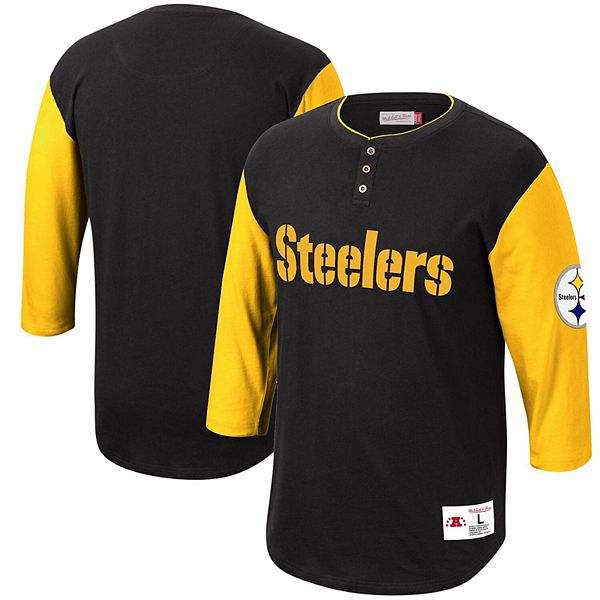 Men's Mitchell & Ness Black Pittsburgh Steelers Franchise Player 3/4-Sleeve  Henley T-Shirt