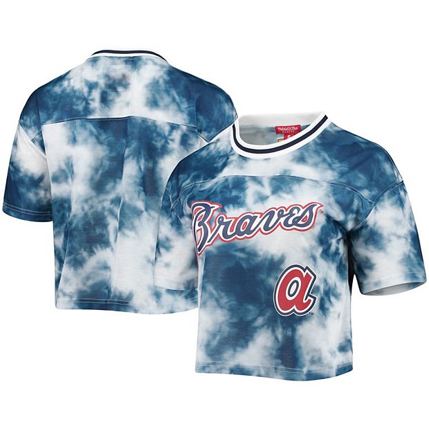 Women's Mitchell & Ness Royal Atlanta Braves Cooperstown Collection 7th  Inning Tie-Dye Cropped T-Shirt