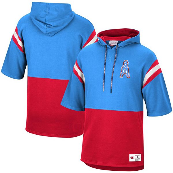 Men's Mitchell & Ness Neon Light Blue/Red Houston Oilers Gridiron Classics  Historic Logo Training Room Half-Sleeve Pullover Hoodie