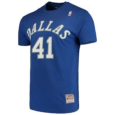 Men's Mitchell & Ness Dirk Nowitzki Blue Dallas Mavericks Hardwood Classics Team Name & Number T-Shirt