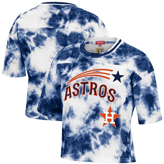 Women's Mitchell & Ness Navy Houston Astros Cooperstown Collection 7th  Inning Tie-Dye Cropped T-Shirt