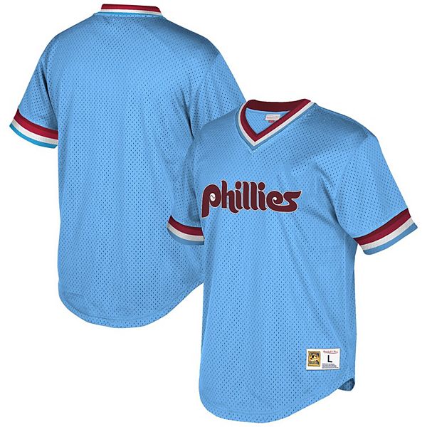 Men's Mitchell & Ness Philadelphia Phillies Legend Slub Henley Light Blue  and Maroon Baseball Shirt
