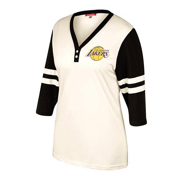 Women's Mitchell & Ness Cream Los Angeles Lakers Hardwood Classics Shoot  Out V-Neck 3/4