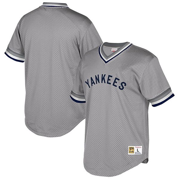 Men's Mitchell & Ness Gray New York Yankees Cooperstown Collection Mesh  Wordmark V-Neck Jersey