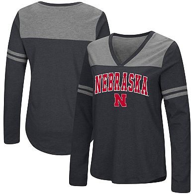 Women's Colosseum Black Nebraska Huskers Core Heritage Arch Logo V-Neck Long Sleeve T-Shirt