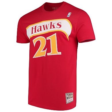 Men's Mitchell & Ness Dominique Wilkins Red Atlanta Hawks Hardwood Classics Team Name & Number T-Shirt