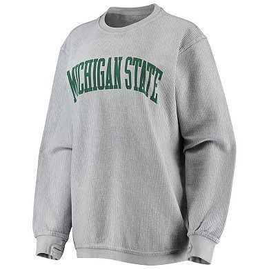 Women's Pressbox Gray Michigan State Spartans Comfy Cord Vintage Wash Basic Arch Pullover Sweatshirt