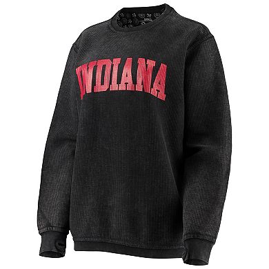 Women's Pressbox Black Indiana Hoosiers Comfy Cord Vintage Wash Basic Arch Pullover Sweatshirt