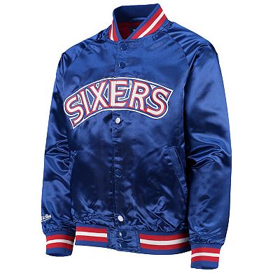 Youth Mitchell & Ness Royal Philadelphia 76ers Hardwood Classics Satin Raglan Full-Snap Jacket