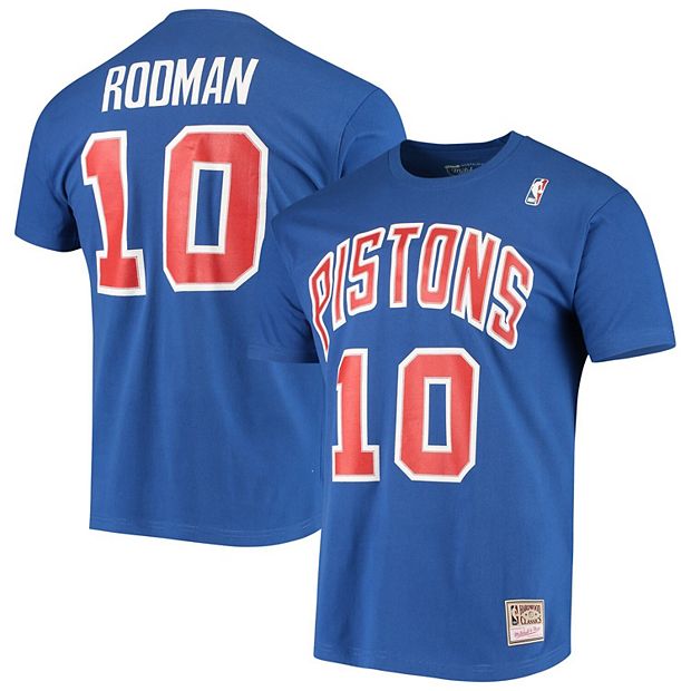 Men's Mitchell & Ness Dennis Rodman Blue Detroit Pistons Hardwood Classics  Stitch Name & Number T