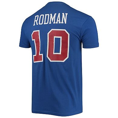 Men's Mitchell & Ness Dennis Rodman Blue Detroit Pistons Hardwood Classics Stitch Name & Number T-Shirt