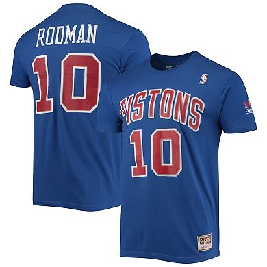 Men's Mitchell & Ness Dennis Rodman Blue Detroit Pistons Hardwood Classics Stitch Name & Number T-Shirt