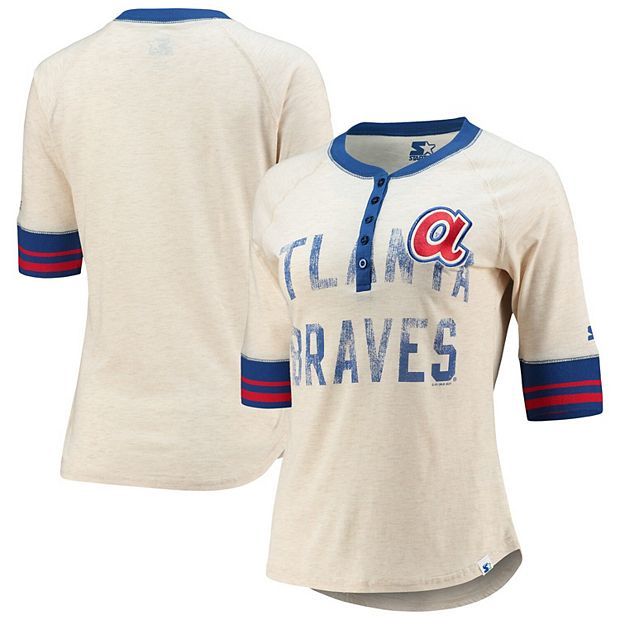 Women's Starter Oatmeal Atlanta Braves First Choice Historic Logo Raglan  Henley Half Sleeve T-Shirt