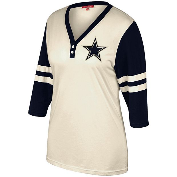 Women's Mitchell & Ness Cream Dallas Cowboys Shoot Out Henley 3/4-Sleeve  V-Neck T