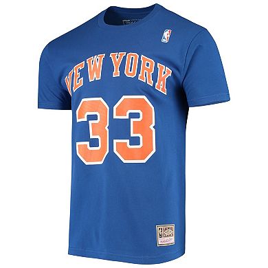 Men's Mitchell & Ness Patrick Ewing Blue New York Knicks Hardwood Classics Stitch Name & Number T-Shirt