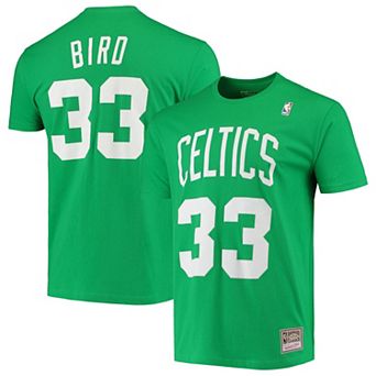 Men's Mitchell & Ness Larry Bird Kelly Green Boston Celtics Hardwood Classics Stitch Name & Number T-Shirt