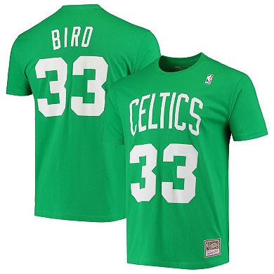 Men's Mitchell & Ness Larry Bird Kelly Green Boston Celtics Hardwood Classics Stitch Name & Number T-Shirt