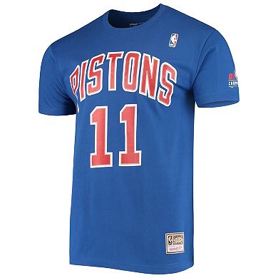 Men's Mitchell & Ness Isiah Thomas Blue Detroit Pistons Hardwood Classics Stitch Name & Number T-Shirt
