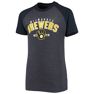 Youth Stitches Heathered Navy Milwaukee Brewers Raglan T-Shirt