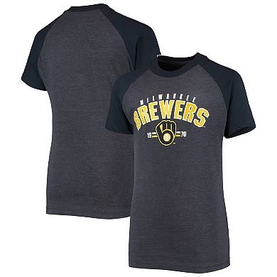 Youth Stitches Heathered Navy Milwaukee Brewers Raglan T-Shirt