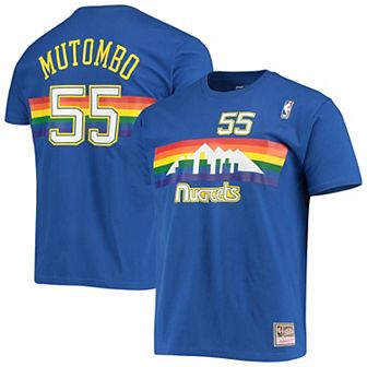 Men's Mitchell & Ness Dikembe Mutombo Royal Denver Nuggets Hardwood Classics Stitch Name & Number T-Shirt