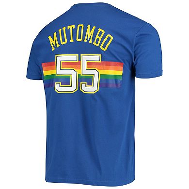 Men's Mitchell & Ness Dikembe Mutombo Royal Denver Nuggets Hardwood Classics Stitch Name & Number T-Shirt