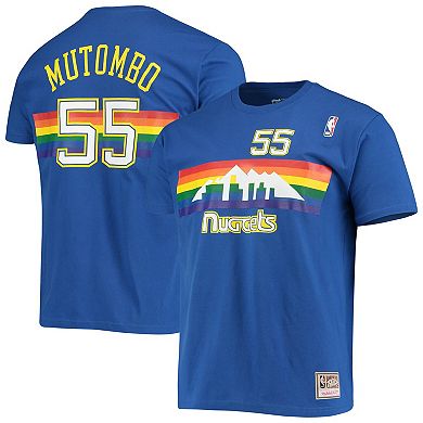 Men's Mitchell & Ness Dikembe Mutombo Royal Denver Nuggets Hardwood Classics Stitch Name & Number T-Shirt