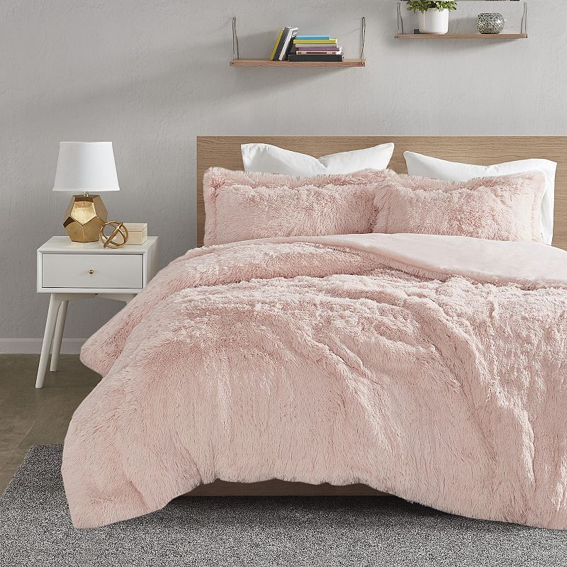 Intelligent Design Malea Shaggy Faux Fur Duvet Cover Set, Pink, King