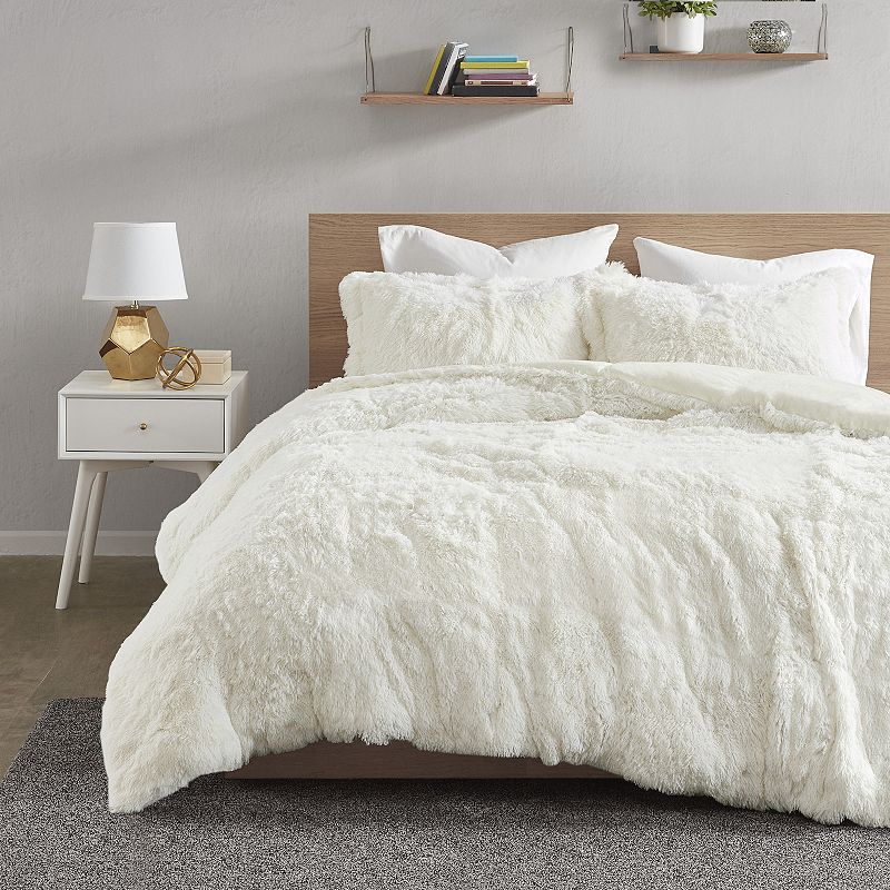 Intelligent Design Malea Shaggy Faux Fur Duvet Cover Set, White, Twin