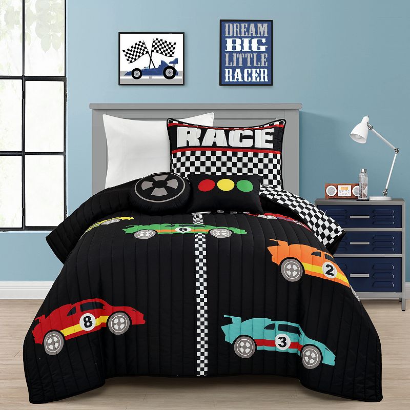 Lush Decor Racing Cars Quilt Set with Shams, Black, Full/Queen