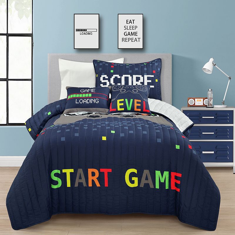 Lush Decor Video Games Quilt Set with Coordinating Throw Pillows, Blue, Twi