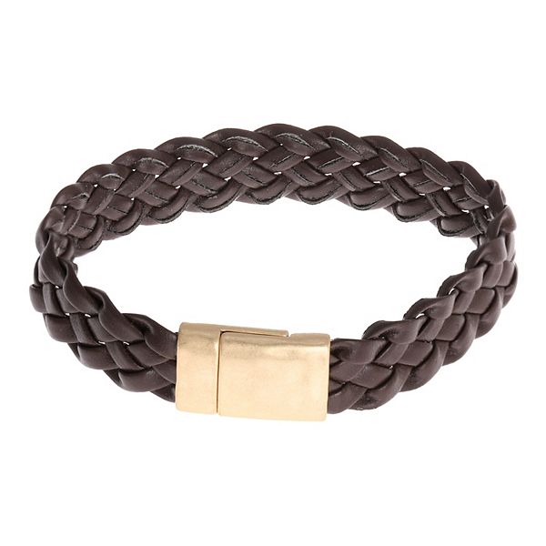 Bella Uno Braided Leather & Metallic Magnetic Clasp Boyfriend Bracelet