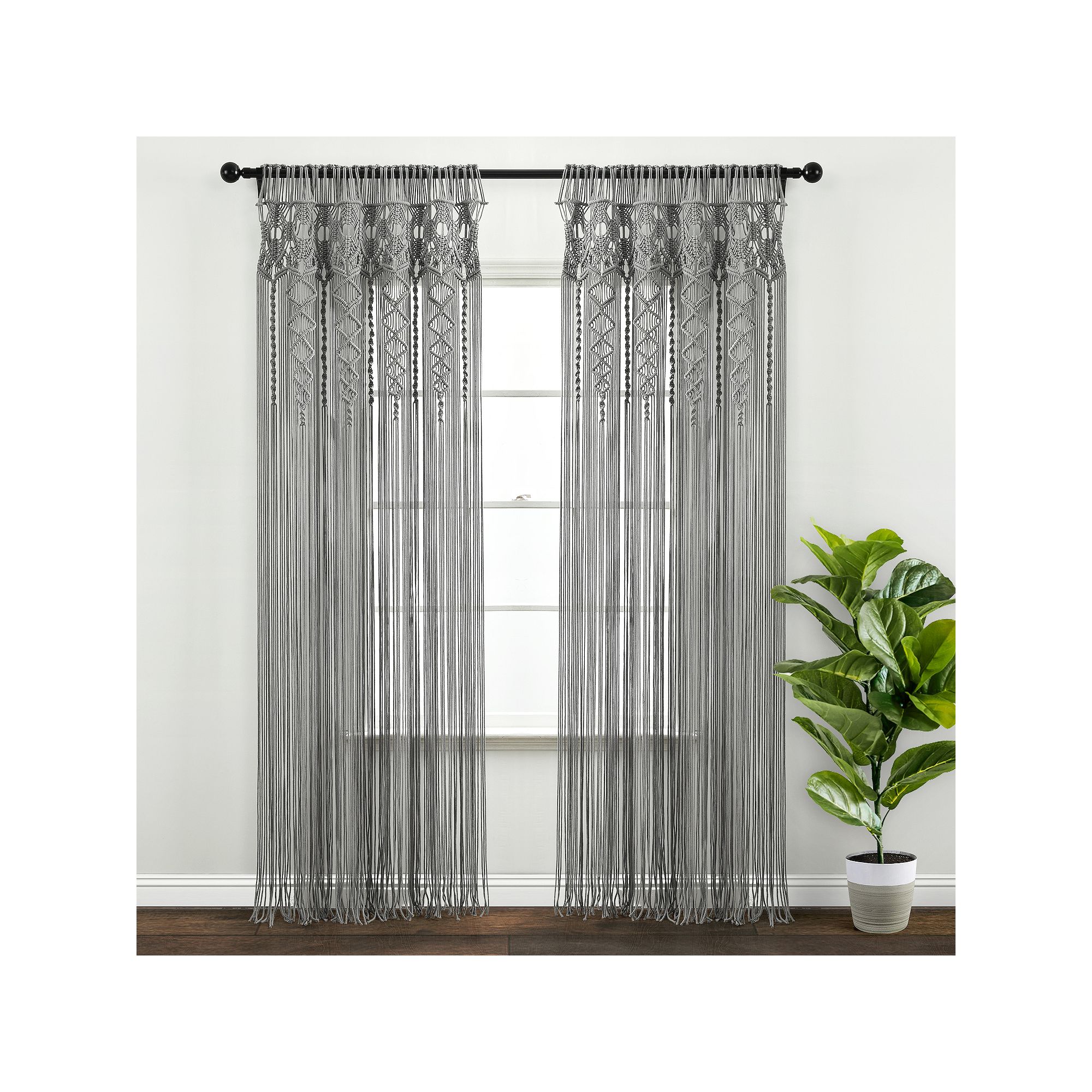 Lush Decor Boho Macrame Textured Cotton Window Curtain, Gray