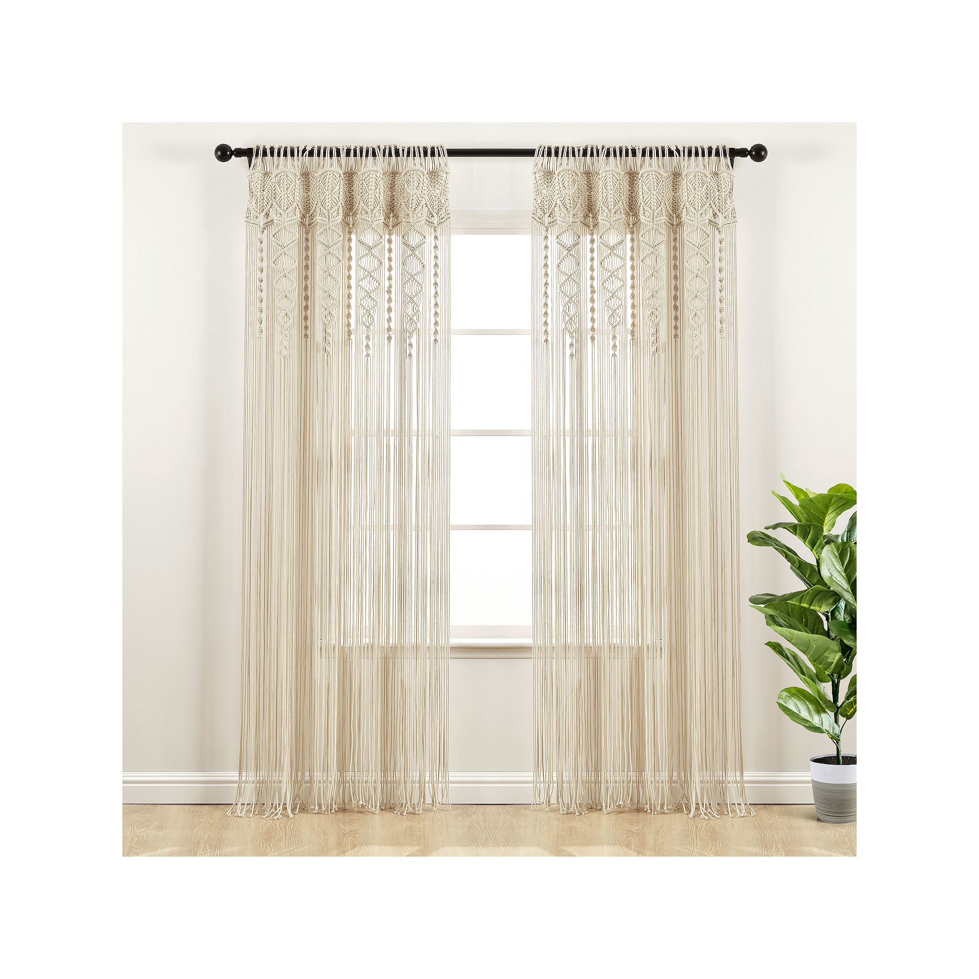 Lush Decor Boho Macrame Textured Cotton Window Curtain, Neutral