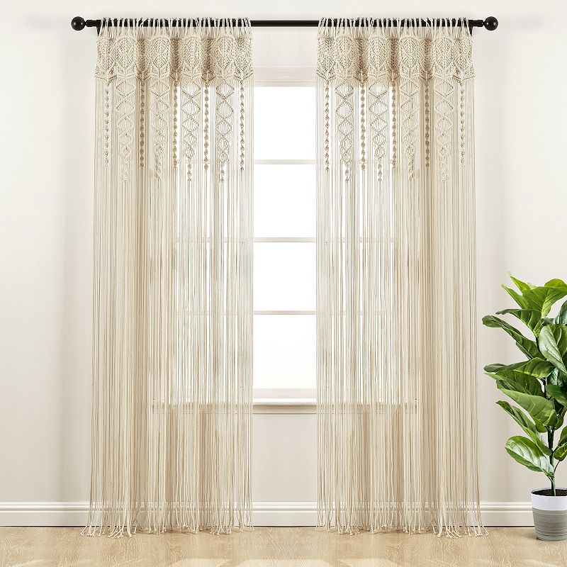 Lush Decor Boho Macrame Textured Cotton Window Curtain, Brown, 40X84