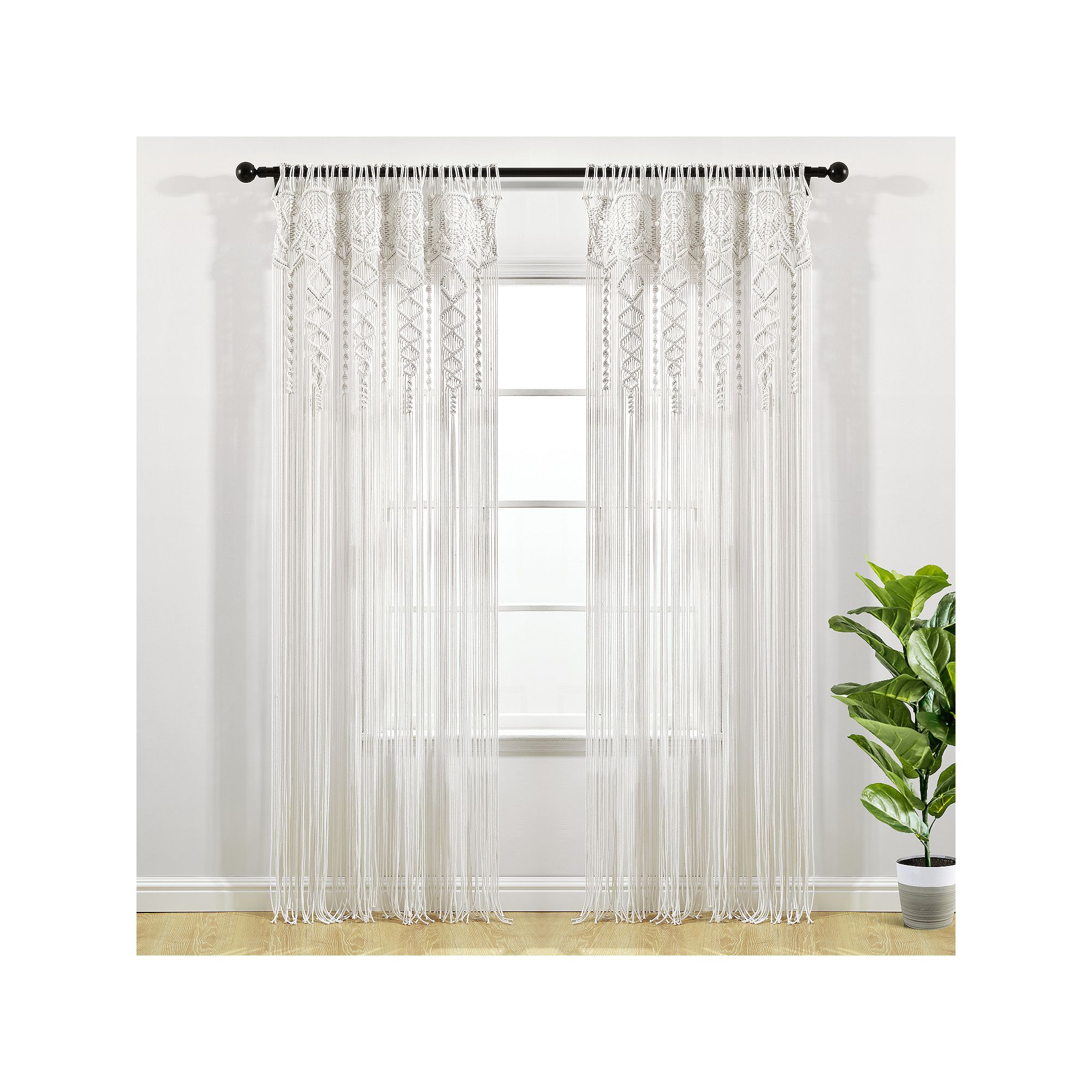 Lush Decor Boho Macrame Textured Cotton Window Curtain, White