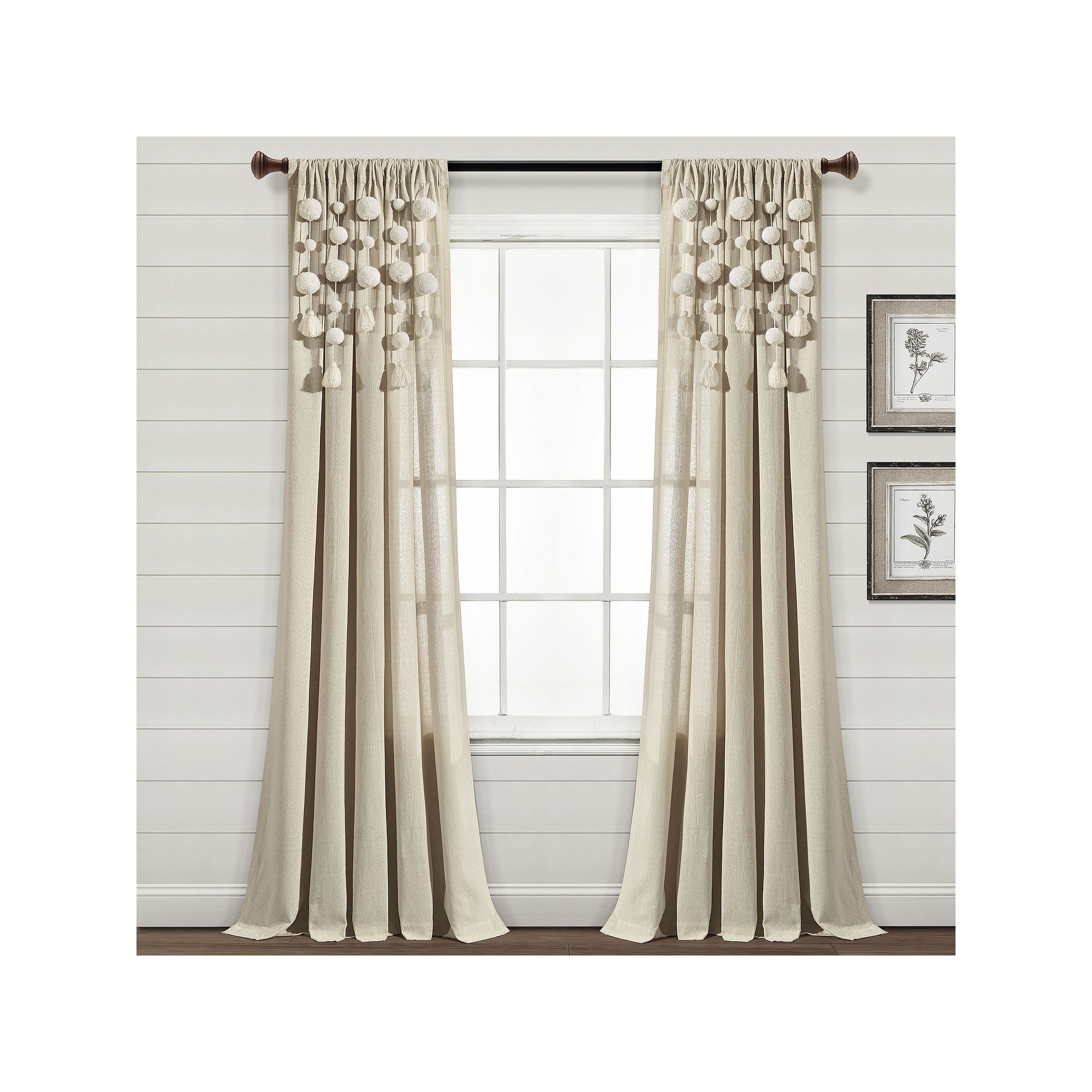 Lush Decor Boho Pom Pom Tassel Linen Window Curtain, Dark Linen